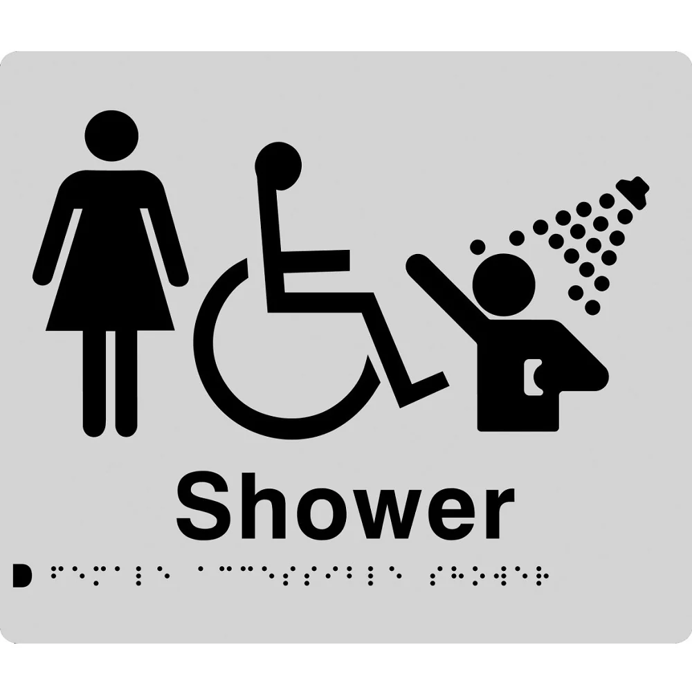 AS1428 Compliant Shower Sign Female Disabled Braille SILVER FDS 210x180x3mm