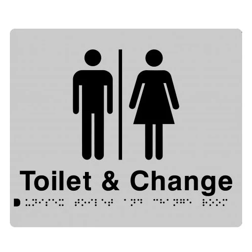 AS1428 Compliant Toilet & Change Room Sign SILVER Unisex Braille MFTCR 210x180mm