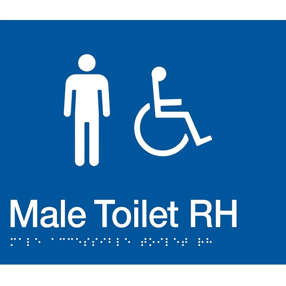 AS1428 Compliant Toilet Sign BLUE Male Disabled Braille RH Transfer MDTRH