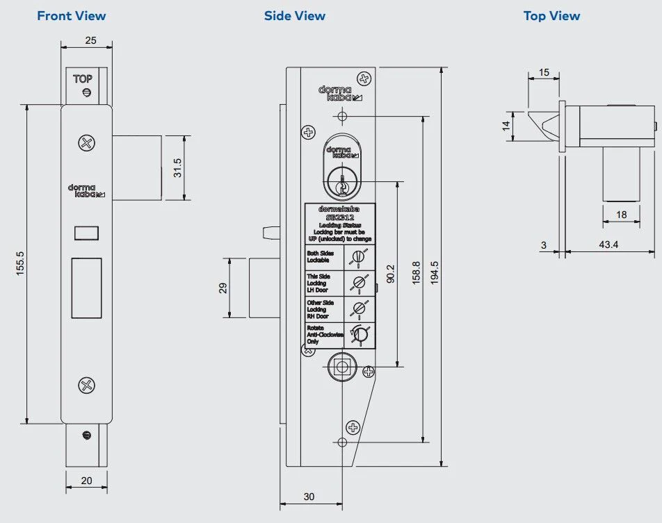 Dormakaba Mortice Door Lock 30mm Short Backset Includes Turn SB2312SSS - Image 2