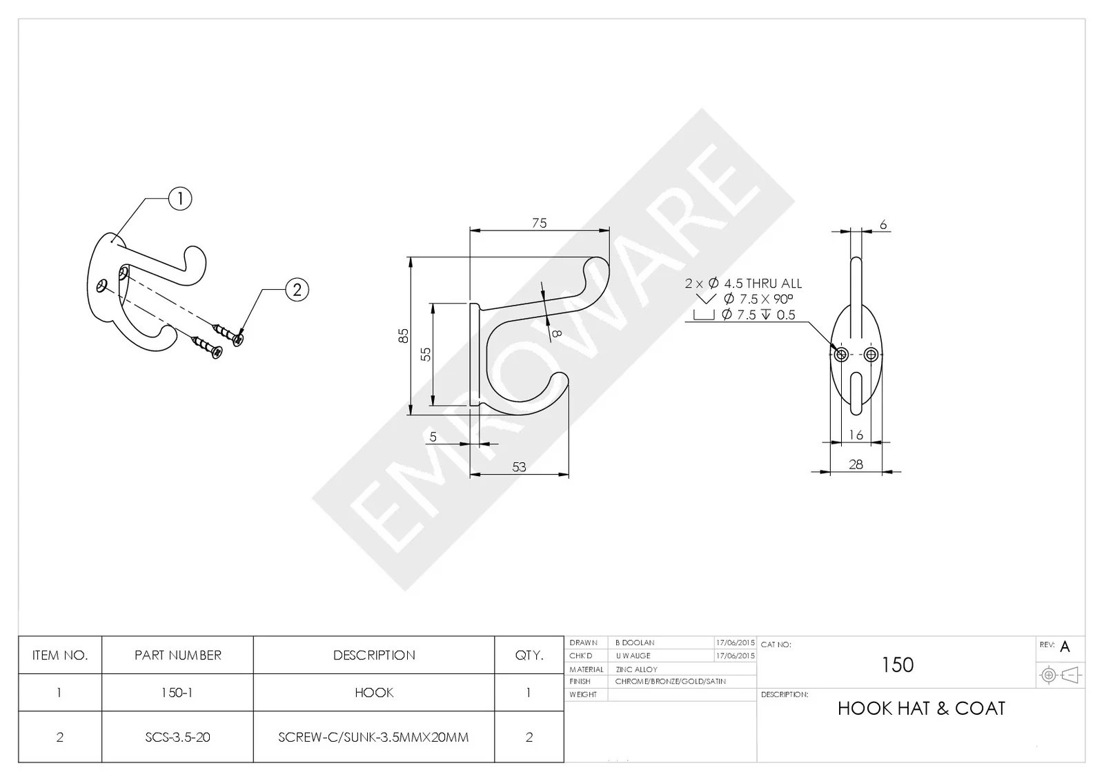 Emro 150CPCD Hat And Coat Hook Carded Chrome - Image 2