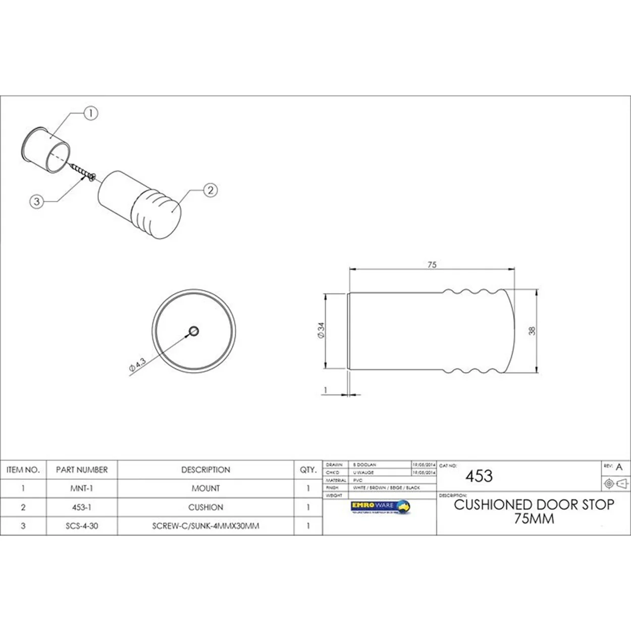 Emro 453WHS Door Stop Wall Mounted 75mm Plastic Cushion White - Image 3