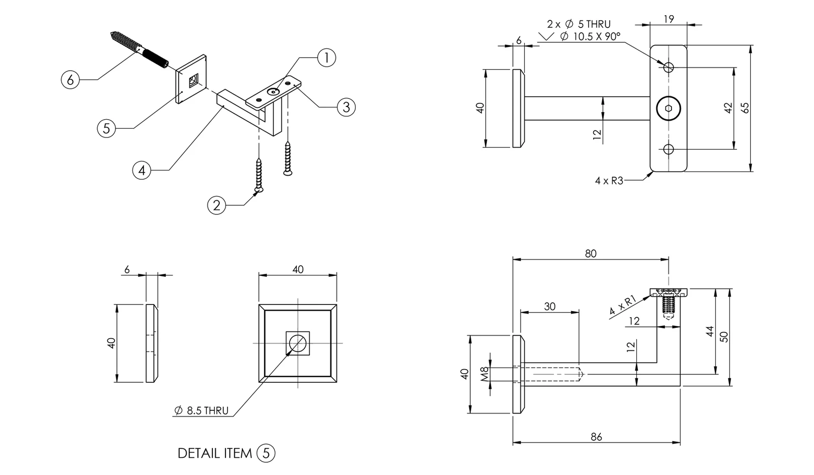 Emro Architectural Concealed Flat Top Bracket Polished Stainless Steel SS606FT - Image 2