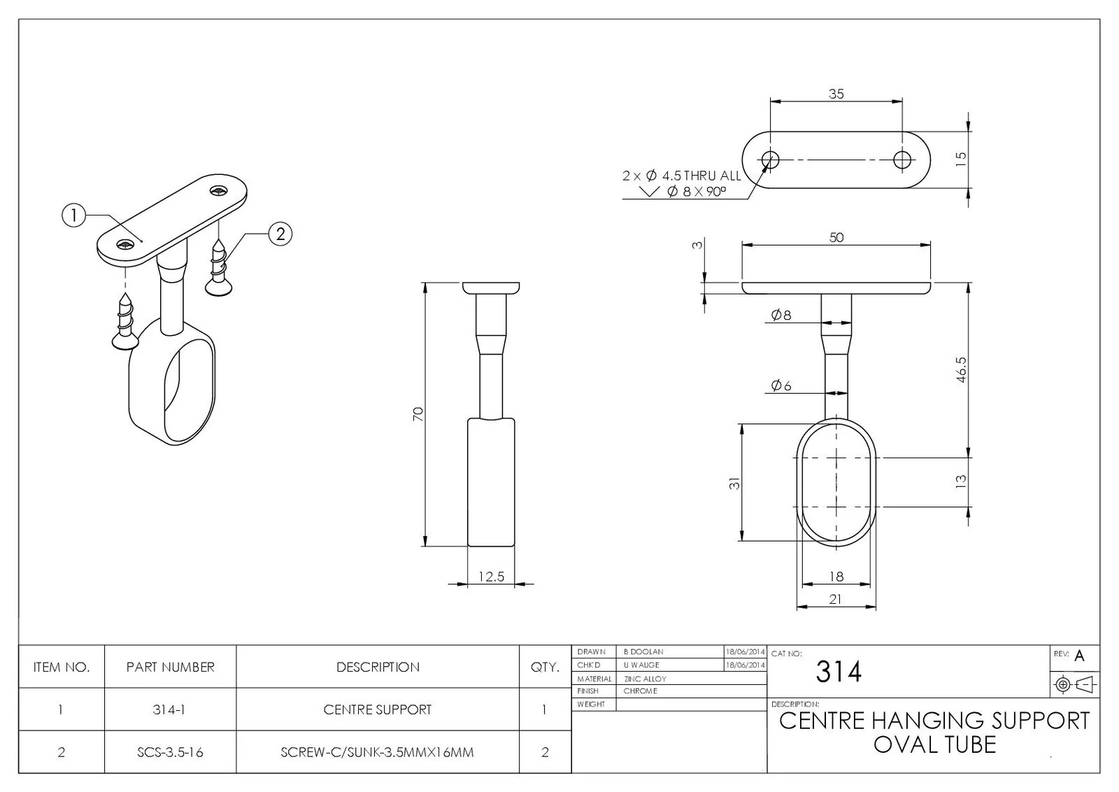 Emro Oval Tube Centre Hanging Support Polypack 15mmx30mm Chrome Pack of 10 314CPPP - Image 2
