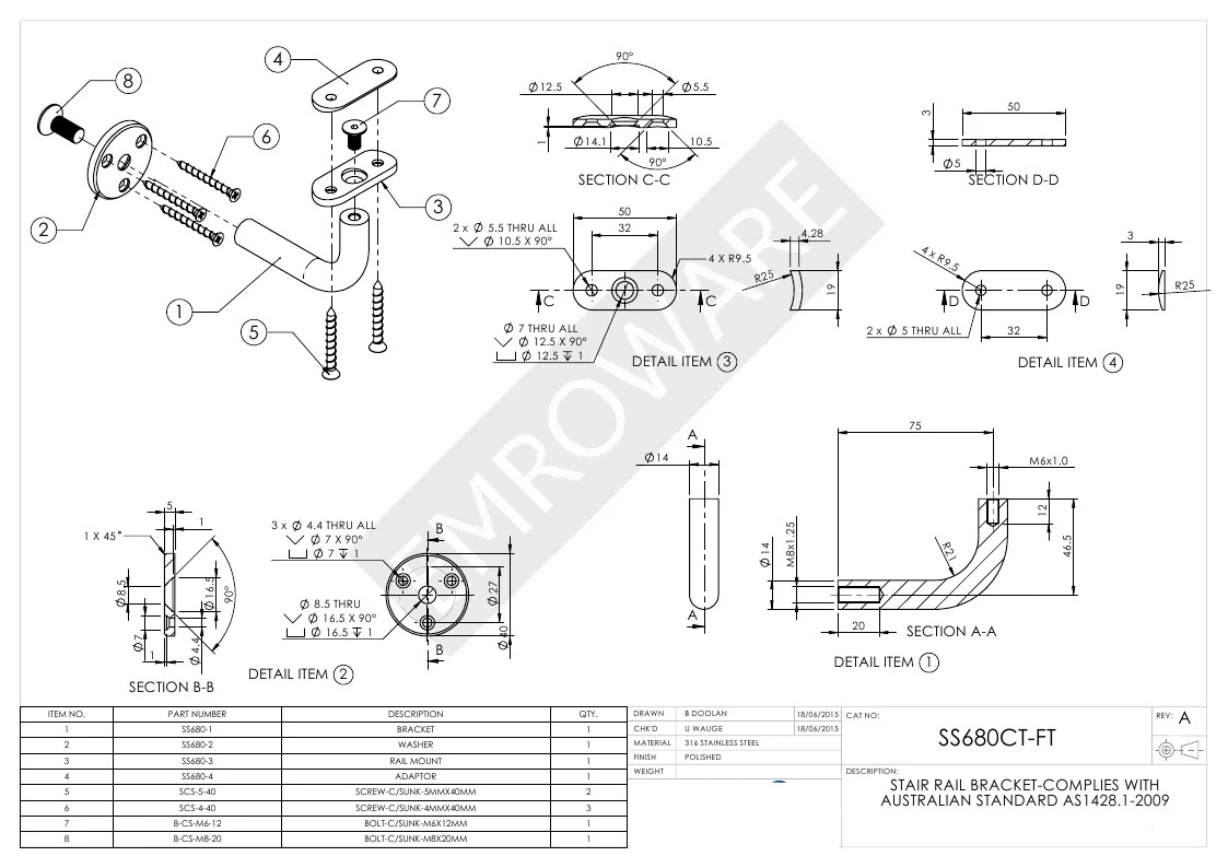 Emro SS680CTFT Commercial Stair Rail Bracket Exposed Base PSS Finish - Image 2