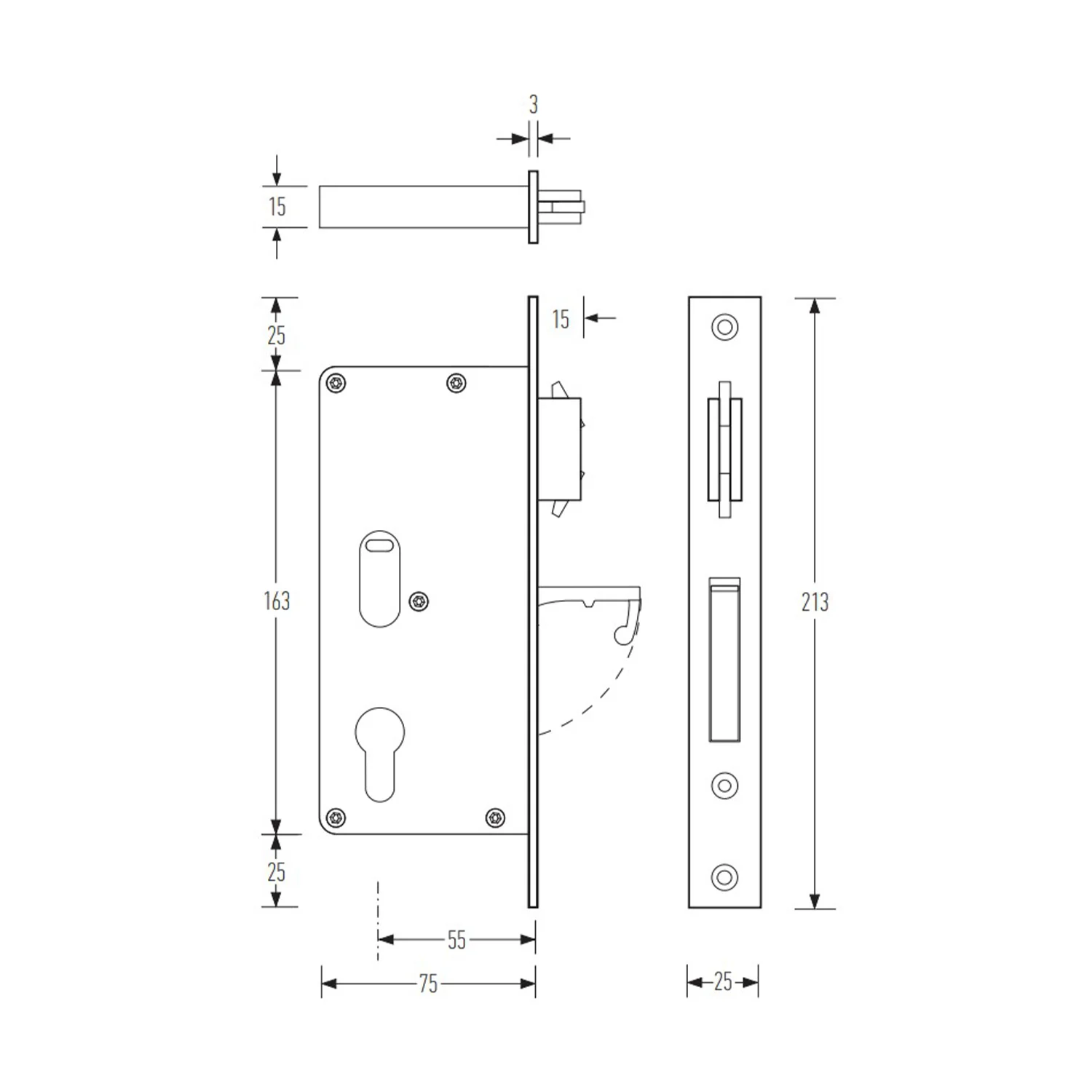 Halliday & Baillie Integrated End Pull Door Lock Set with Keyhole Snib/Plain 55mm Satin Chrome - Image 3