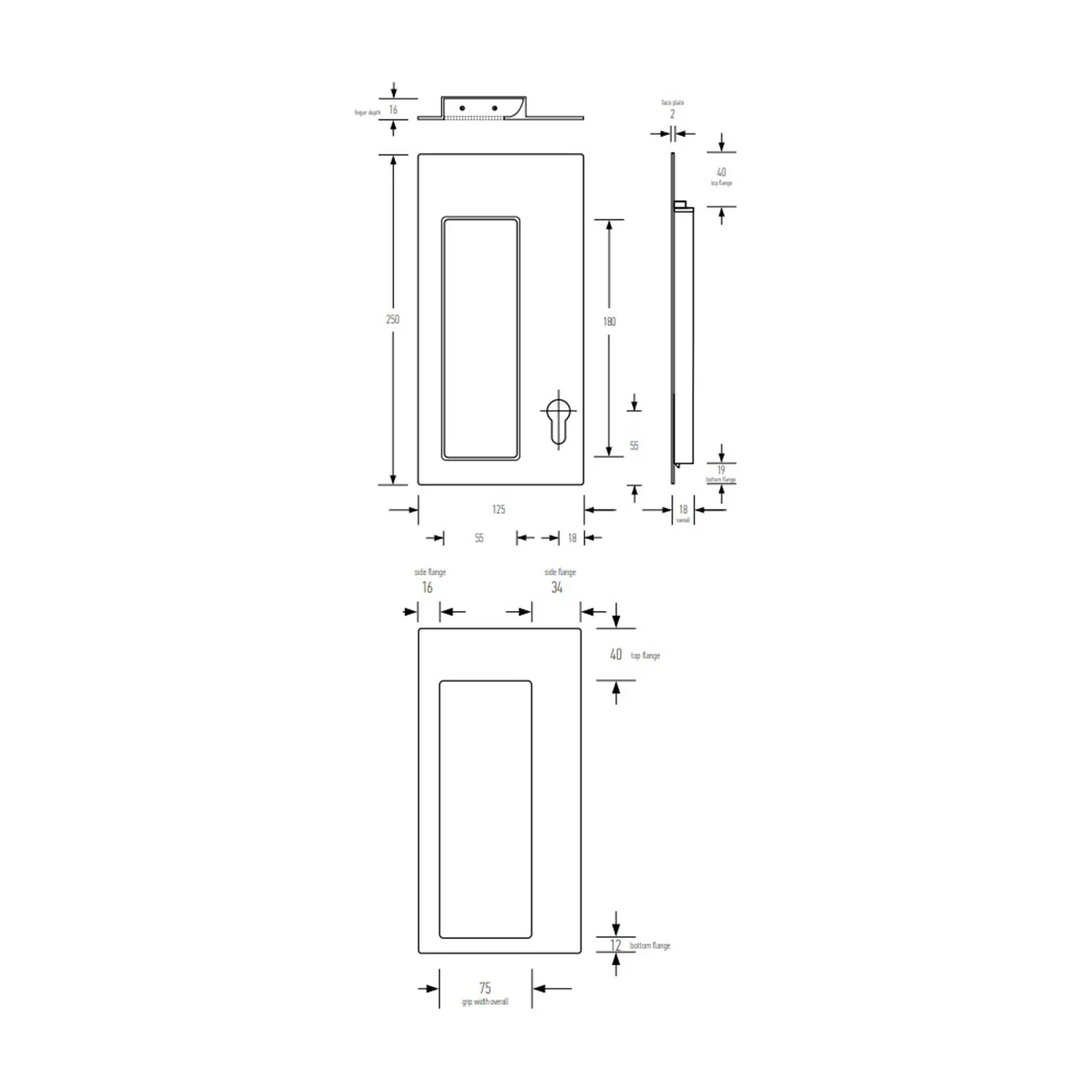 Halliday & Baillie Large Rectangle Flush Pull with Keyhole/Nothing Deadbolt 55mm Satin Chrome - Image 2