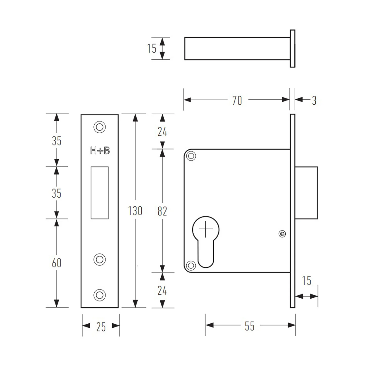 Halliday & Baillie Large Rectangle Flush Pull with Keyhole/Nothing Deadbolt 55mm Satin Chrome - Image 3