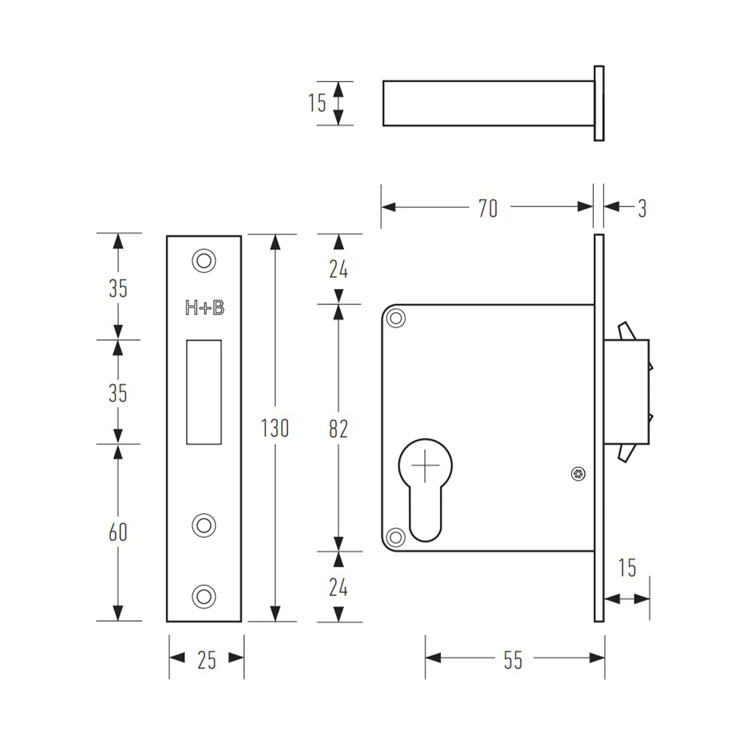 Halliday & Baillie Large Rectangle Flush Pull with Keyhole/Plain Mortice Lock 55mm Satin Chrome - Image 3