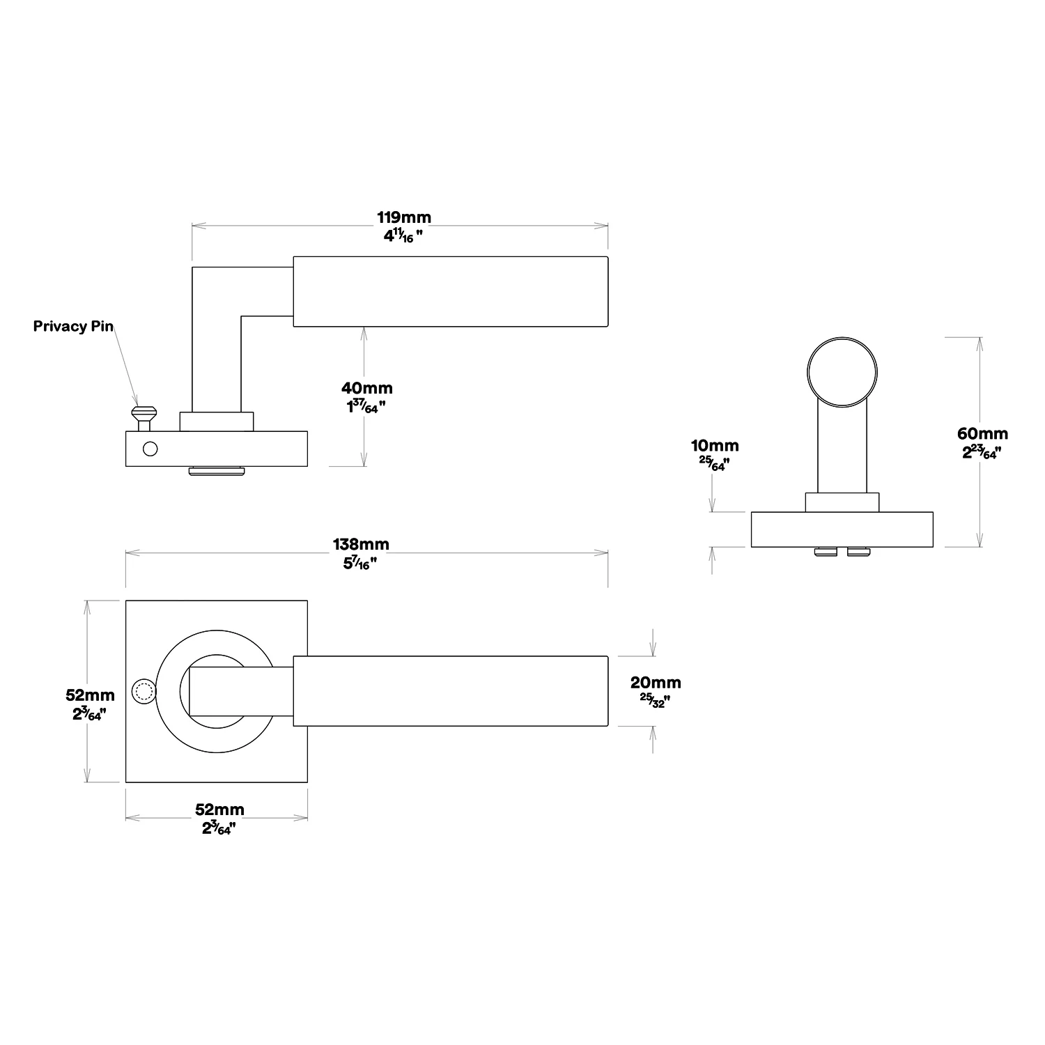 Iver Berlin Door Lever on Square Rose Inbuilt Privacy Kit 60mm Backset - Image 3