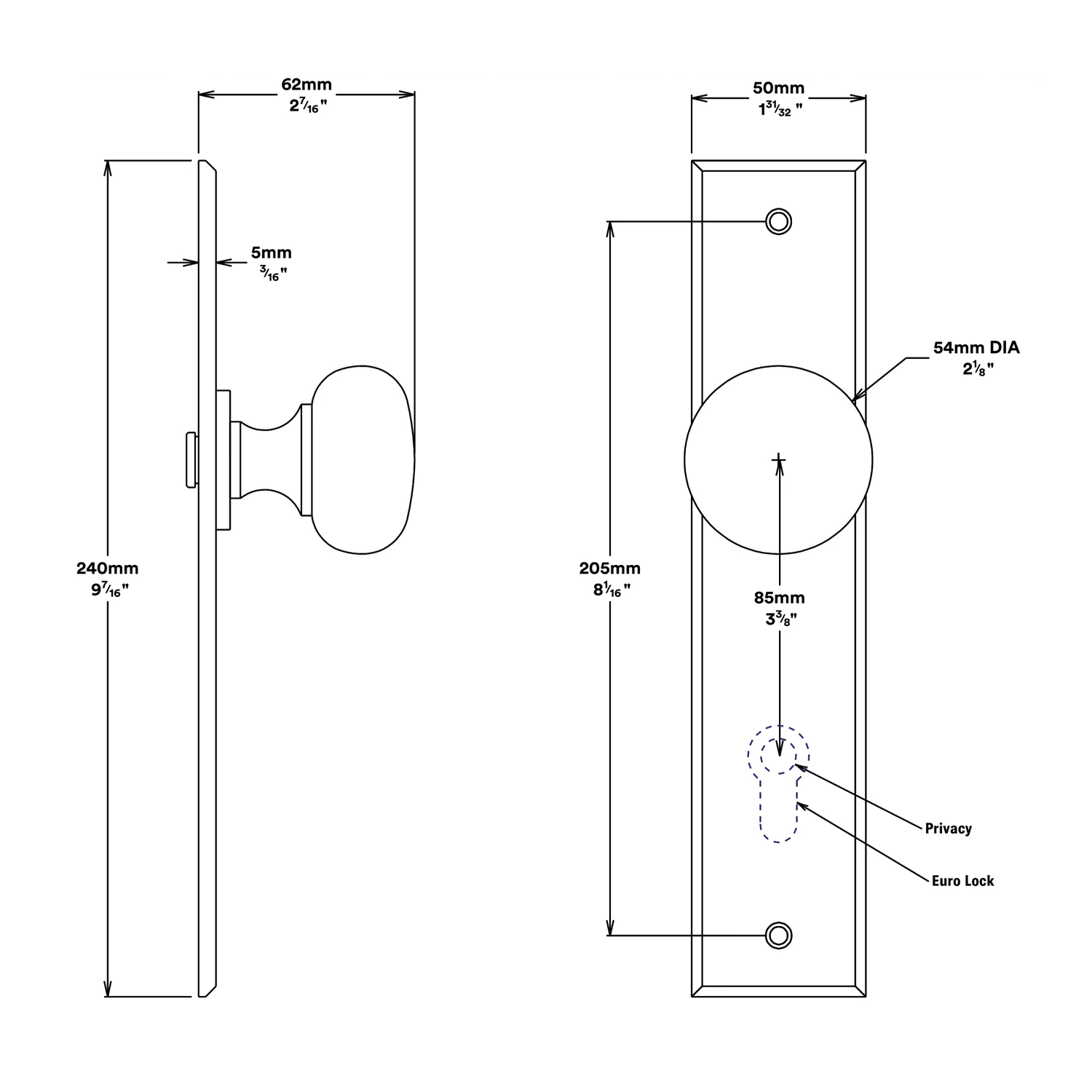 Iver Cambridge Door Knob on Chamfered Backplate Entrance Kit Key/Thumb - Image 2