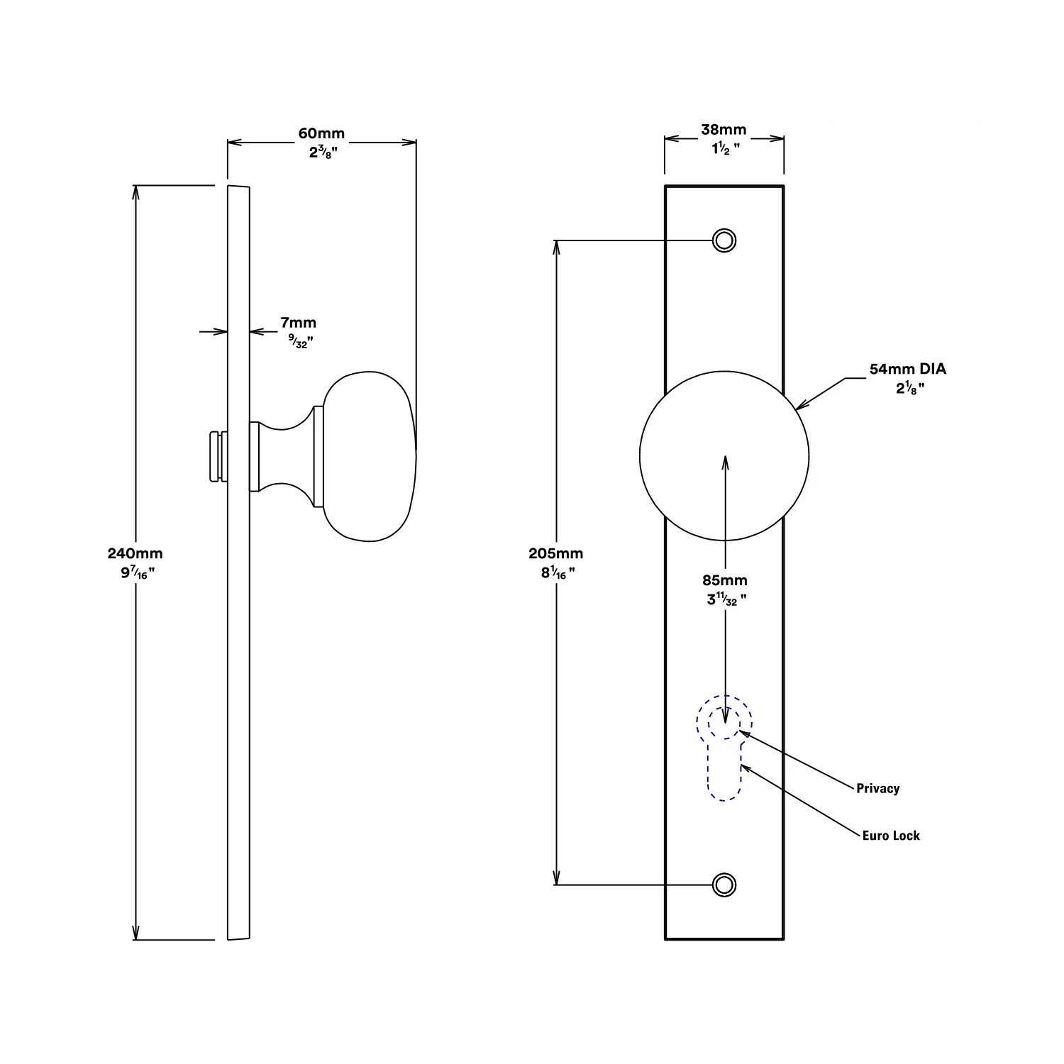 Iver Cambridge Door Knob on Rectangular Backplate Privacy Kit with Turn - Image 2