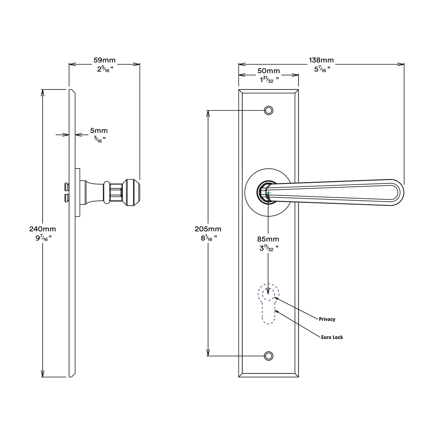 Iver Copenhagen Door Lever Handle on Chamfered Backplate Passage Kit - Available in Various Finishes - Image 3