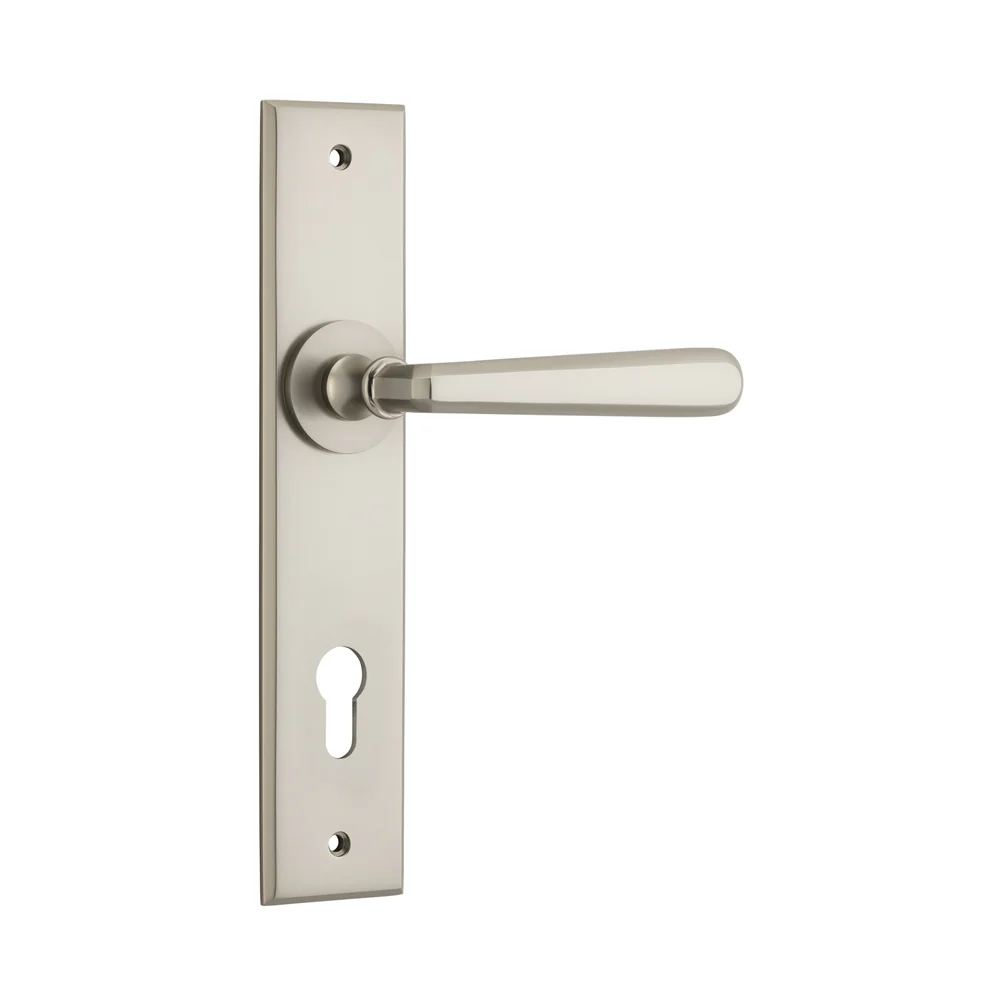 Iver Copenhagen Door Lever Handle on Chamfered Backplate Satin Nickel - Image 4
