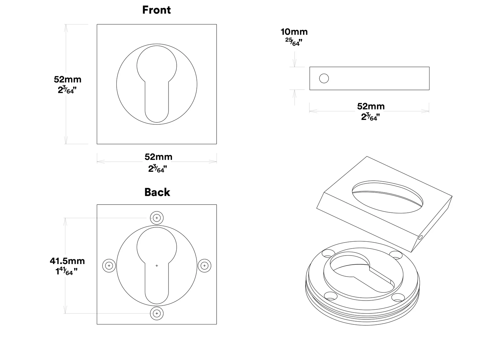 Iver Euro Escutcheon Square Concealed Fix Pair - Available In Various Finishes - Image 2