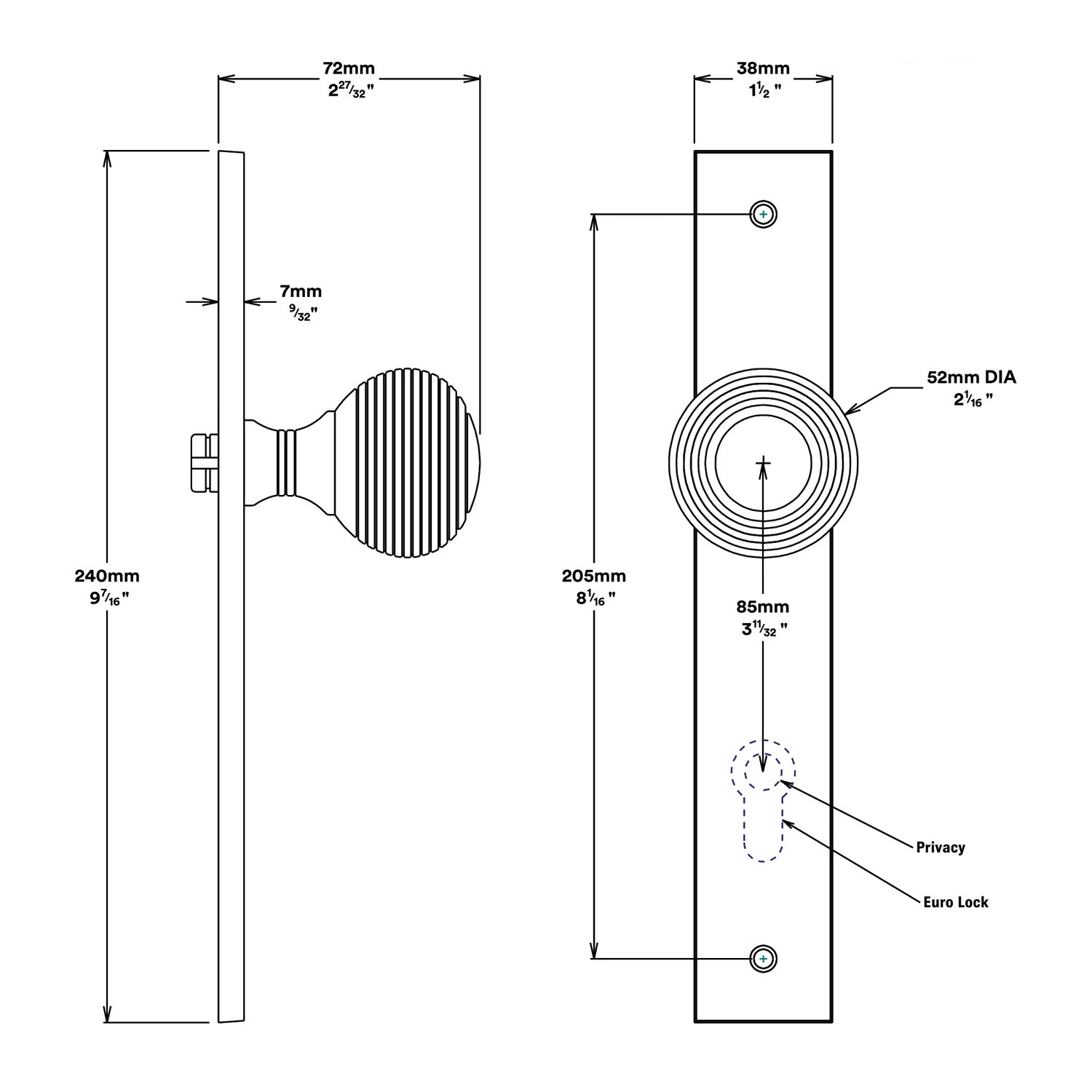 Iver Guildford Door Knob on Rectangular Backplate Entrance Kit Key/Key - Image 2