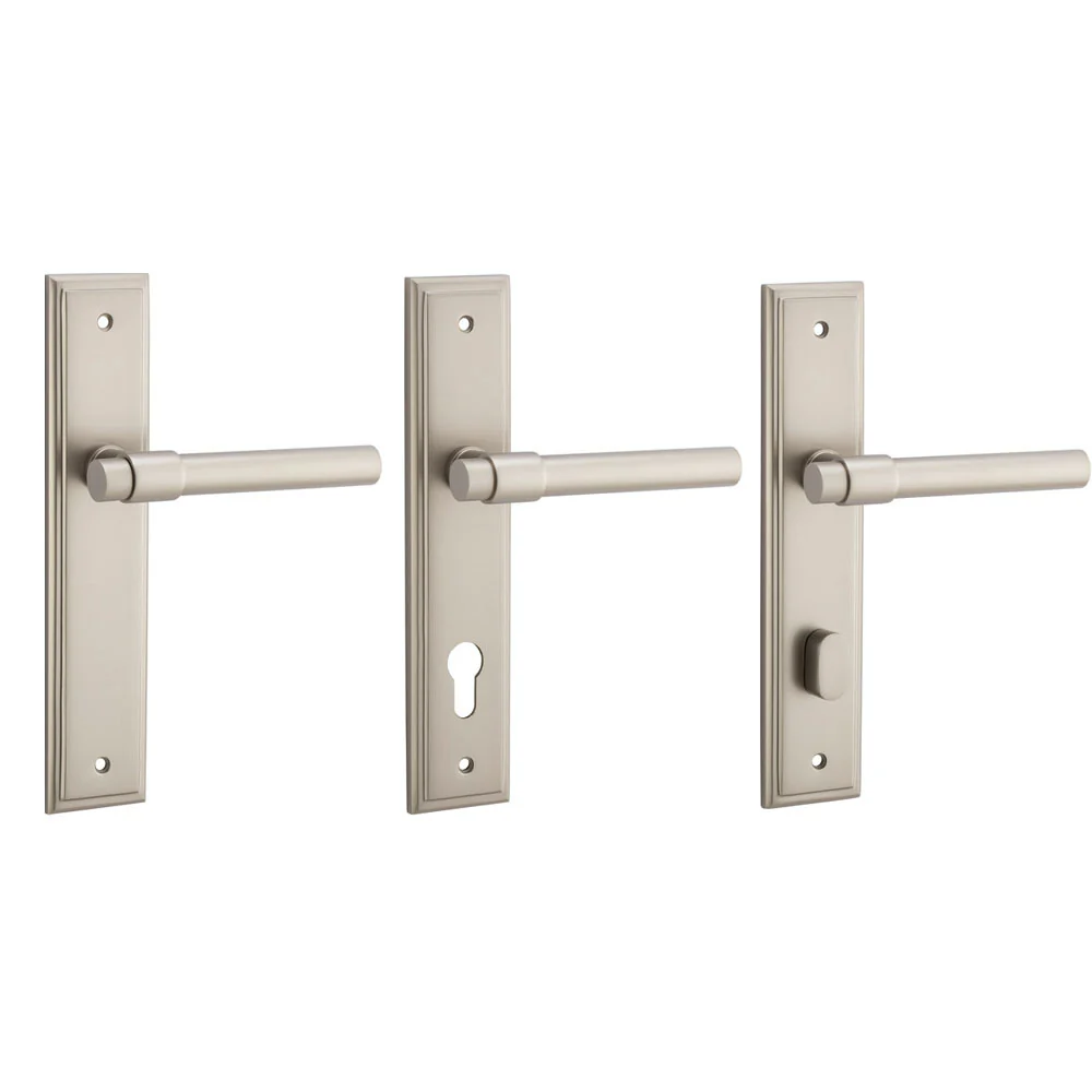 Iver Helsinki Door Lever Handle on Stepped Backplate Satin Nickel