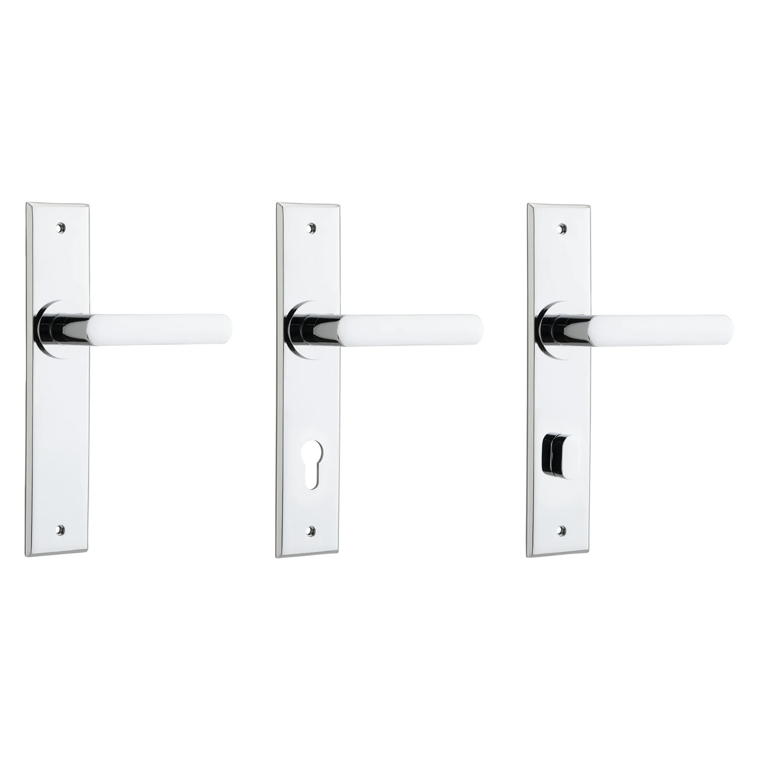 Iver Osaka Door Lever Handle on Chamfered Backplate Polished Chrome