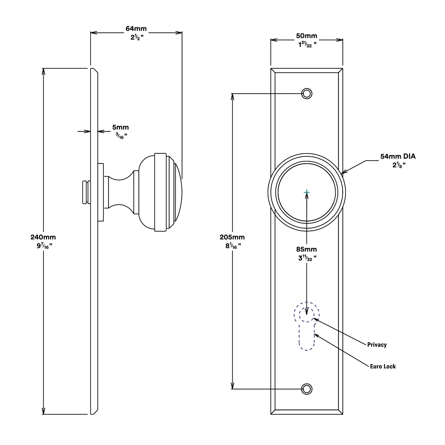 Iver Paddington Door Knob on Chamfered Backplate Entrance Kit Key/Key - Image 2