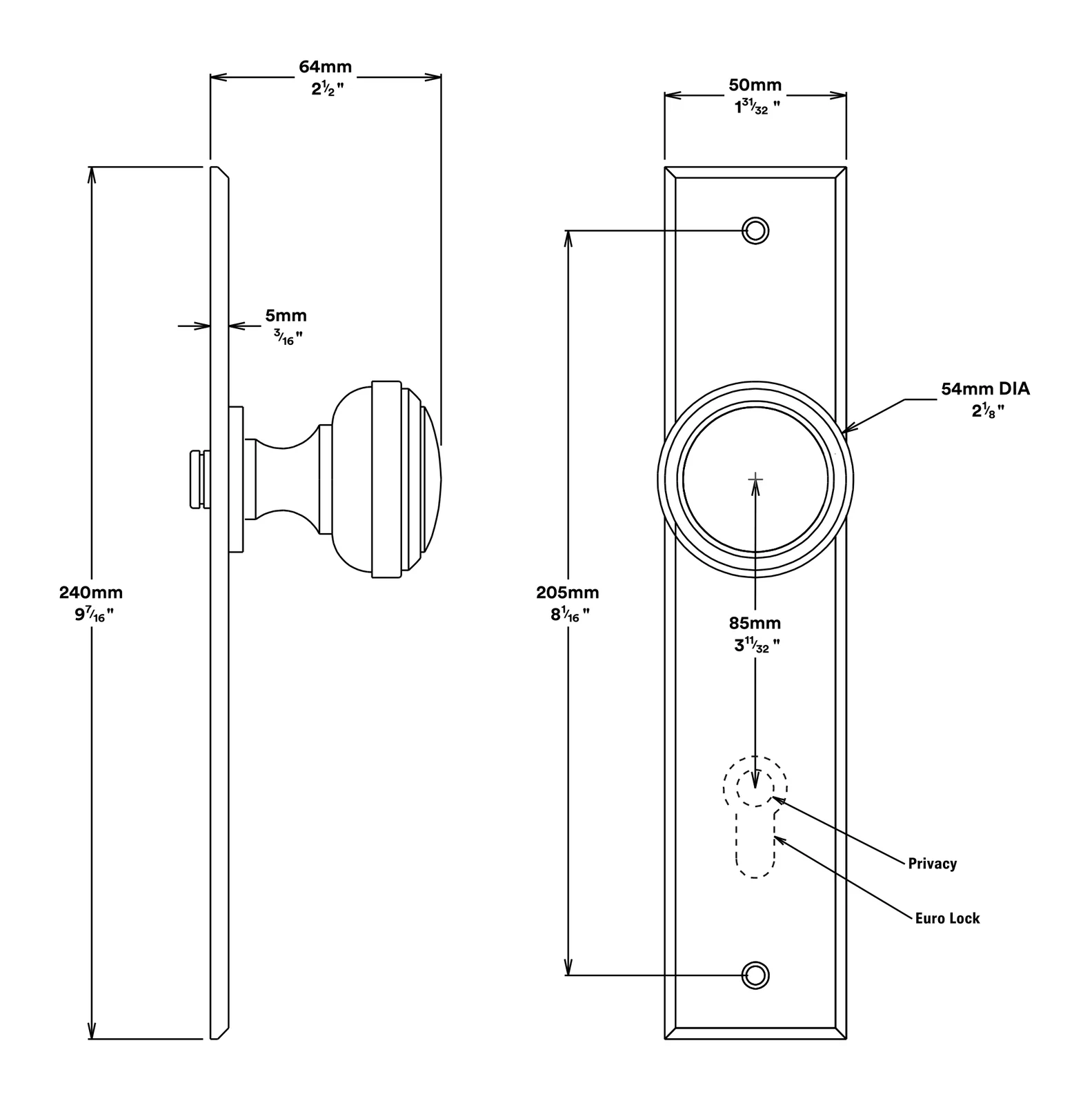 Iver Paddington Door Knob on Chamfered Backplate Privacy Kit - Available in Various Finishes - Image 2