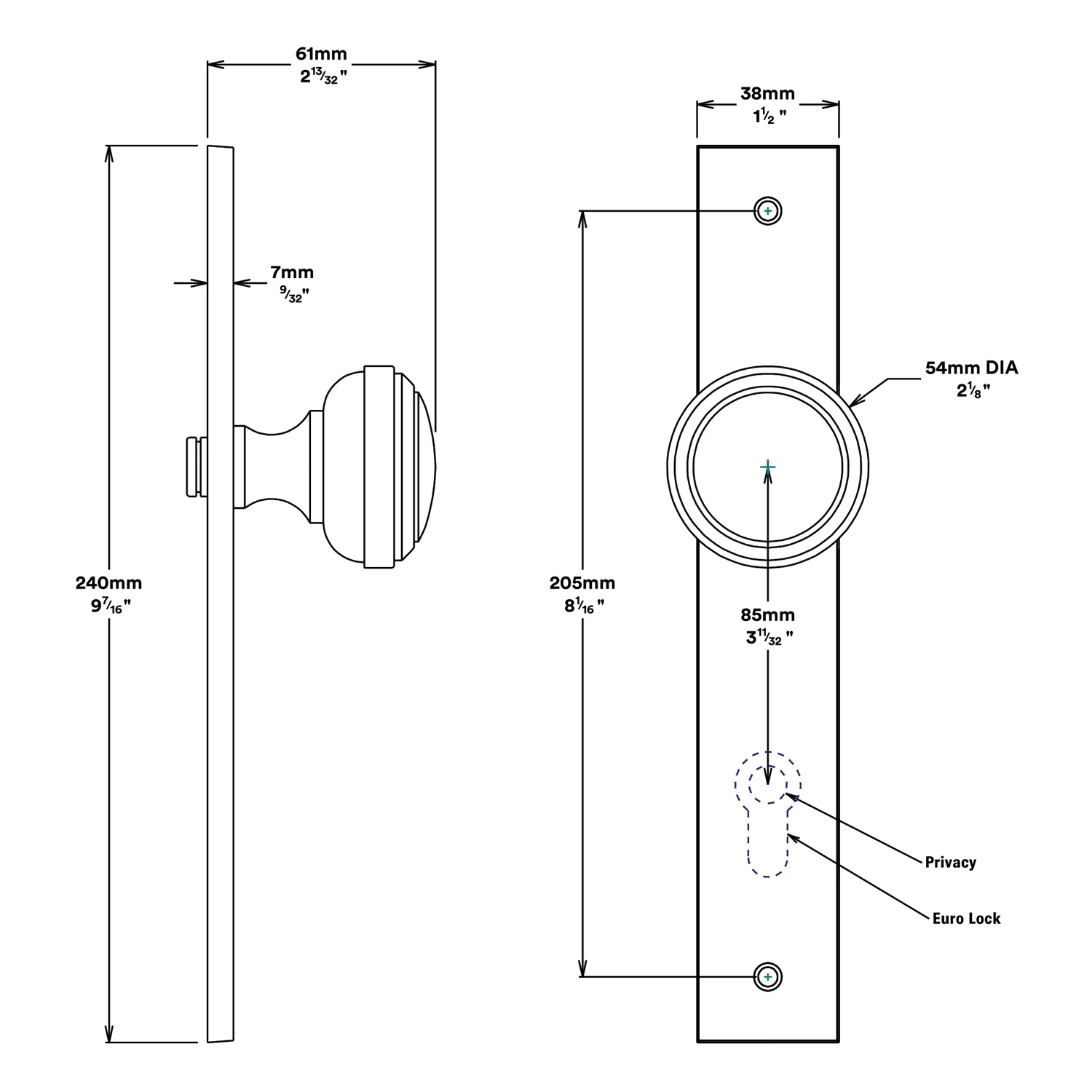Iver Paddington Door Knob on Rectangular Backplate Entrance Kit Key/Thumb - Image 2