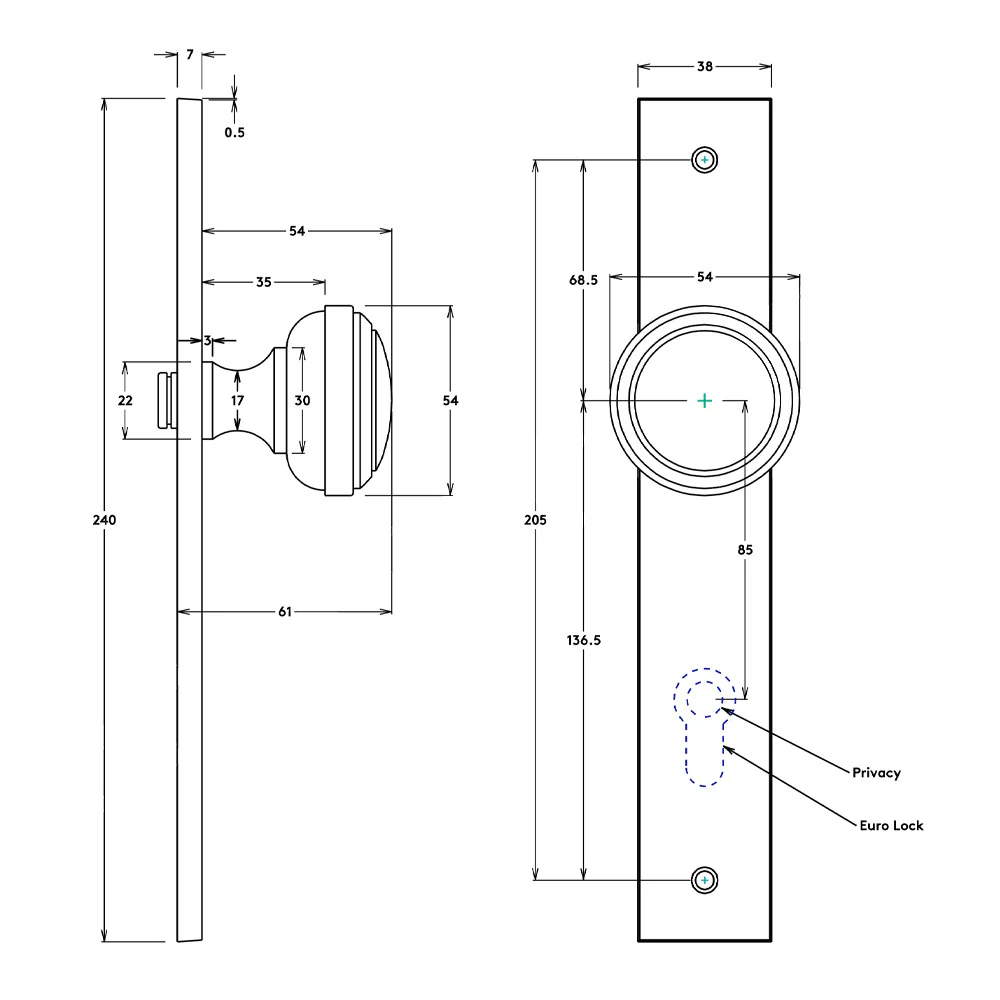 Iver Paddington Door Knob on Rectangular Backplate Privacy Kit with Turn - Image 2