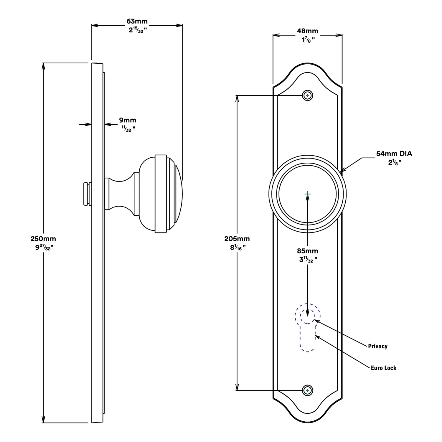Iver Paddington Door Knob on Shouldered Backplate Entrance Kit Key/Key - Image 2