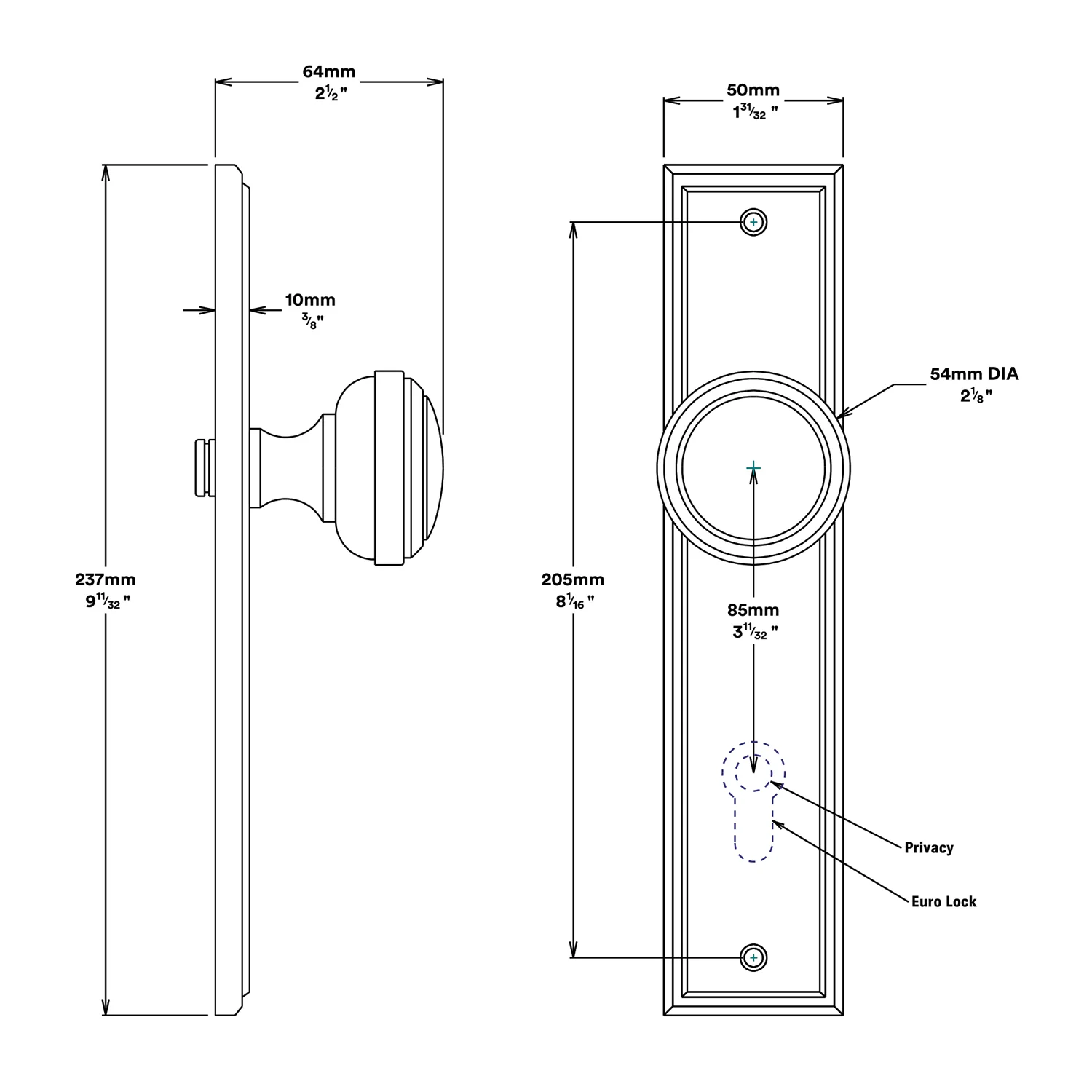 Iver Paddington Door Knob on Stepped Backplate Entrance Kit Key/Thumb - Image 2