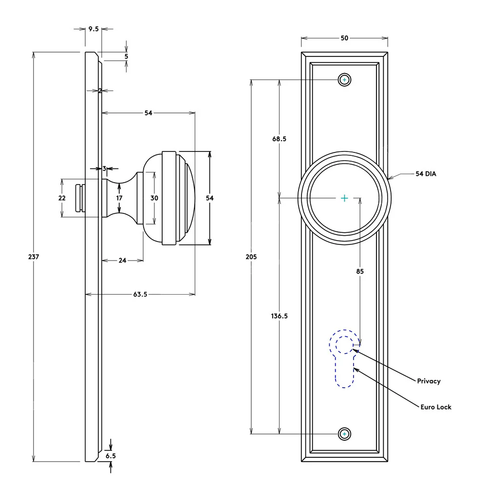 Iver Paddington Door Knob on Stepped Backplate Privacy Kit with Turn - Available in Various Finishes - Image 2