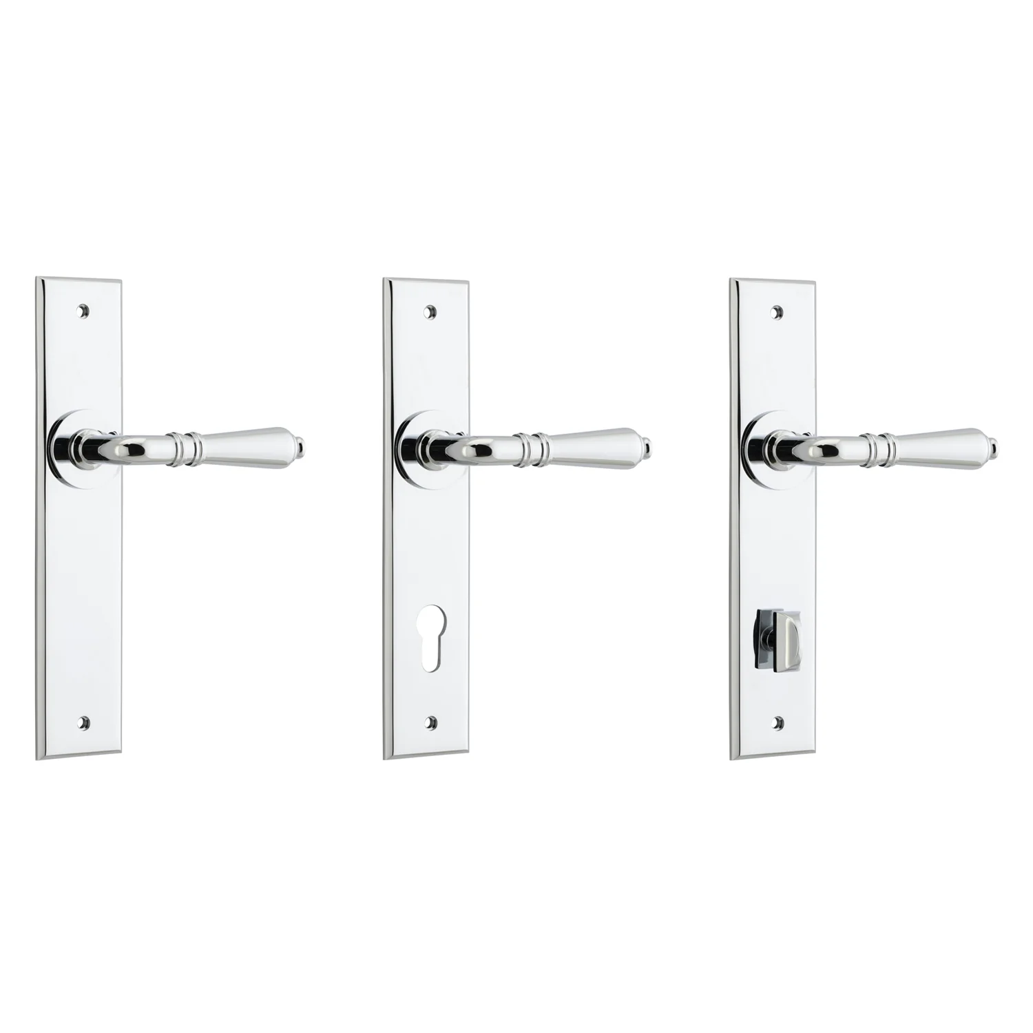 Iver Sarlat Door Lever Handle on Chamfered Backplate Polished Chrome