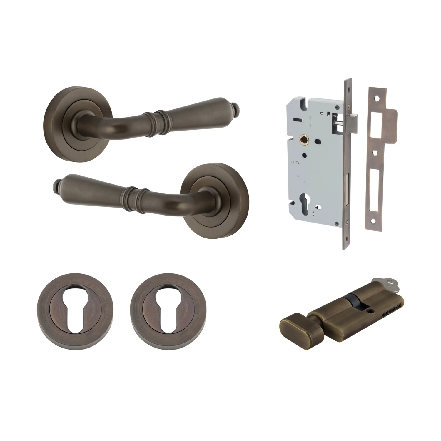 Iver Sarlat Door Lever Handle on Round Rose Entrance Kit Key/Thumb - Available in Various Finishes - Image 15