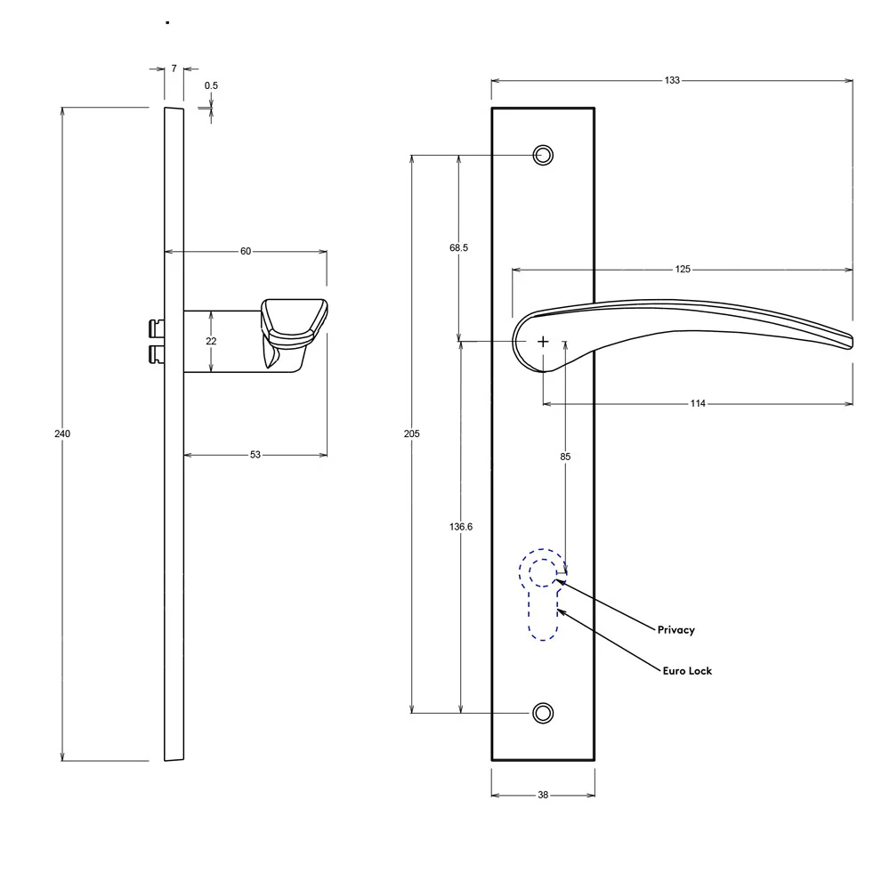 Iver Sarlat Door Lever on Rectangular Backplate Privacy Kit with Turn and Sizes - Image 2