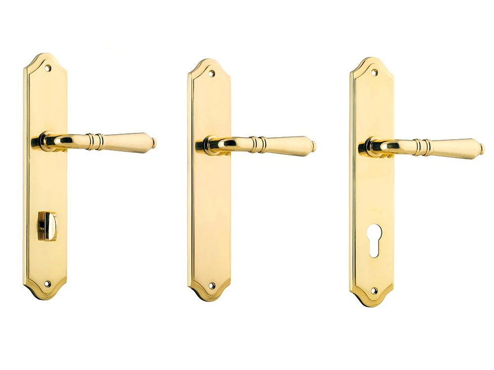 Iver Sarlat Lever Door Handle on Shouldered Backplate Polished Brass