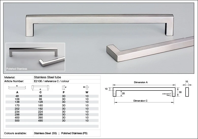 Kethy Cabinet Handle E2106 Siena 10mm Square Flush Ends Stainless Steel - Image 2
