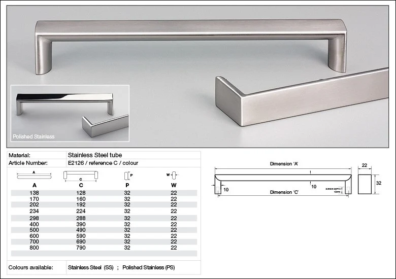 Kethy Cabinet Handle E2126 Roma 22mm Flat Top Stainless Steel - Image 2