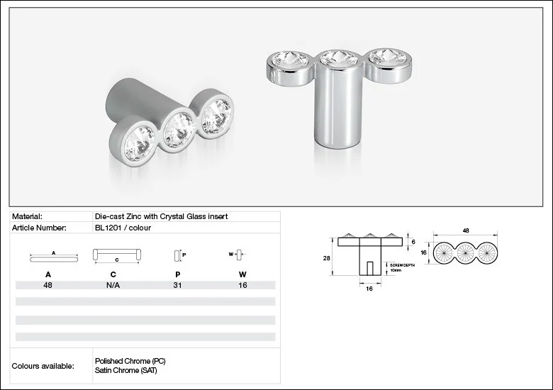Kethy Cabinet Knob BL1201 Bling Series Rigel Inline 3 Stone Die-cast Zinc - Image 2