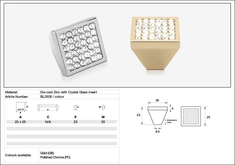 Kethy Cabinet Knob BL2505 Bling Series Pyramid 25mm Multi Stone Die-cast Zinc - Image 2