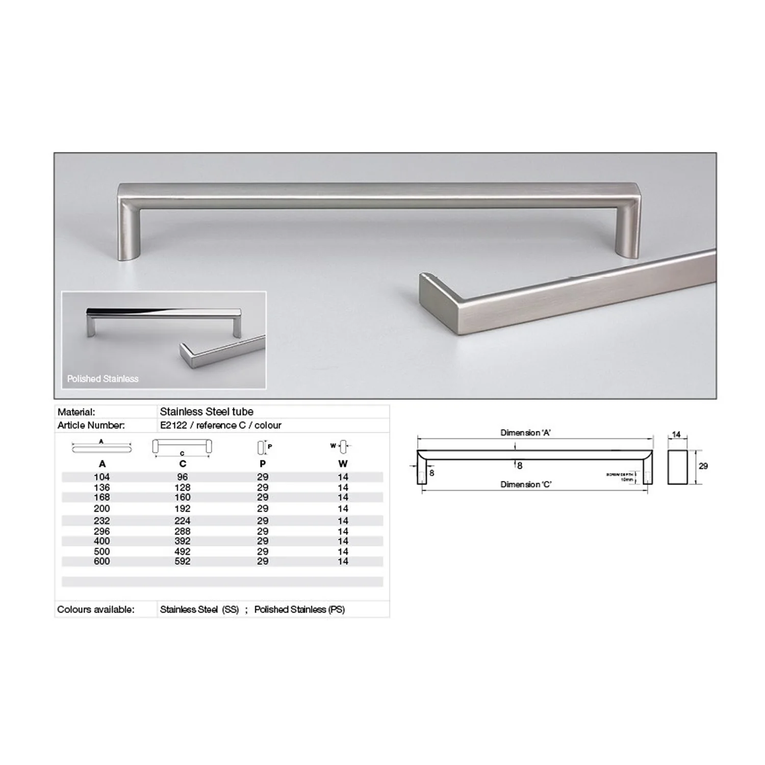 Kethy E2122 Series Como Cabinet Handle 14mm Flat Top Stainless Steel - Image 2