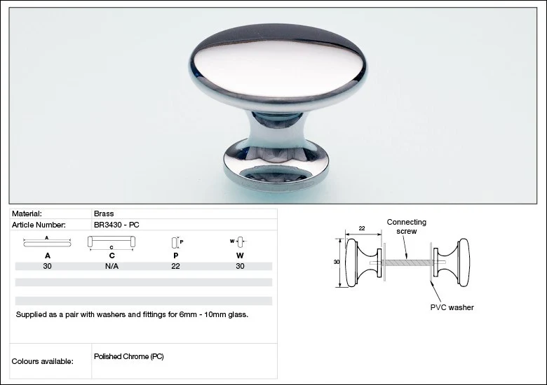 Kethy Glass Door Knob BR3430-PC Button Shower Bathroom Polished Chrome BTB Pair - Image 2
