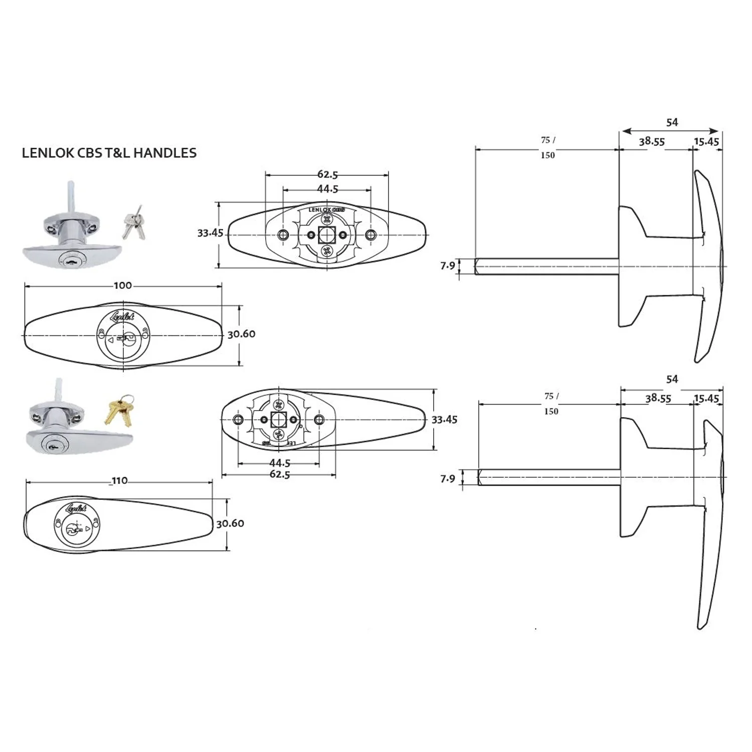 Lenlok CBS T Handle Garage Door Lock C4 Face Fix 75mm LTH-FF-C4-DP - Image 3