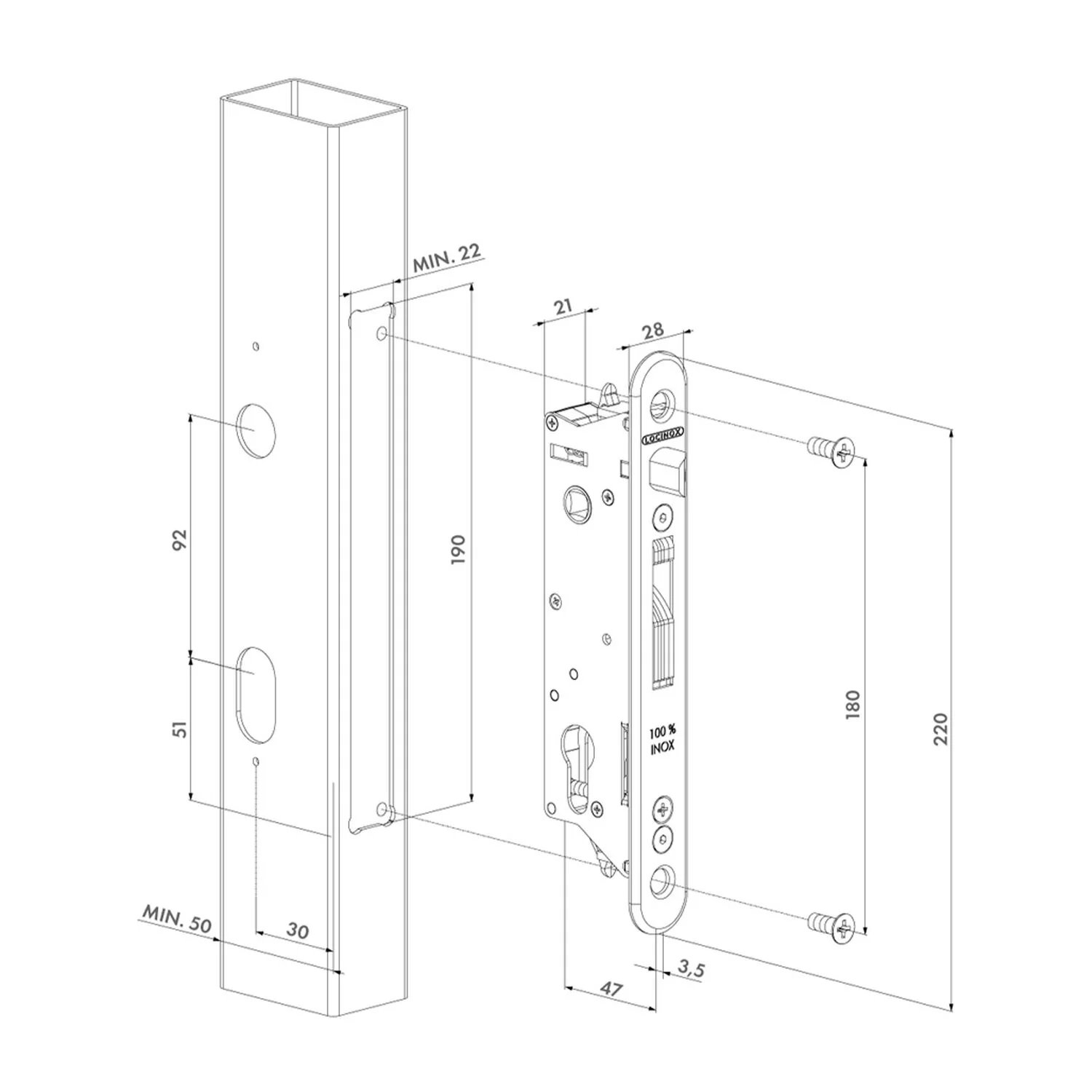 Locinox Fiftylock Euro Insert Mortice Lock Kit - Available in Various Finishes - Image 3