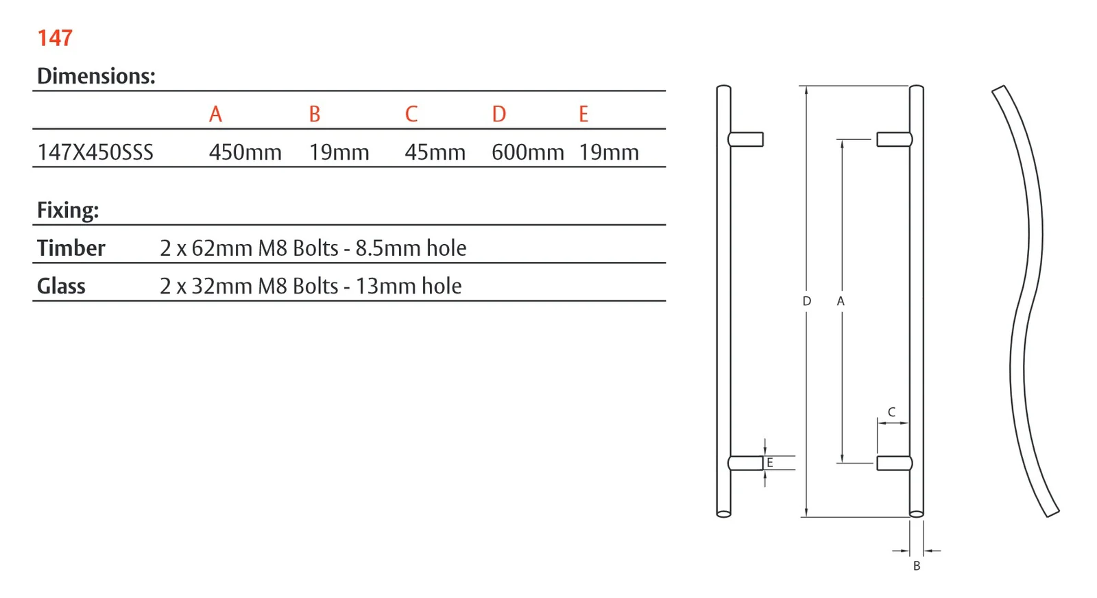 Lockwood Entrance Pull Handle 450mm Satin Stainless Steel Pair 147X450SSS - Image 3