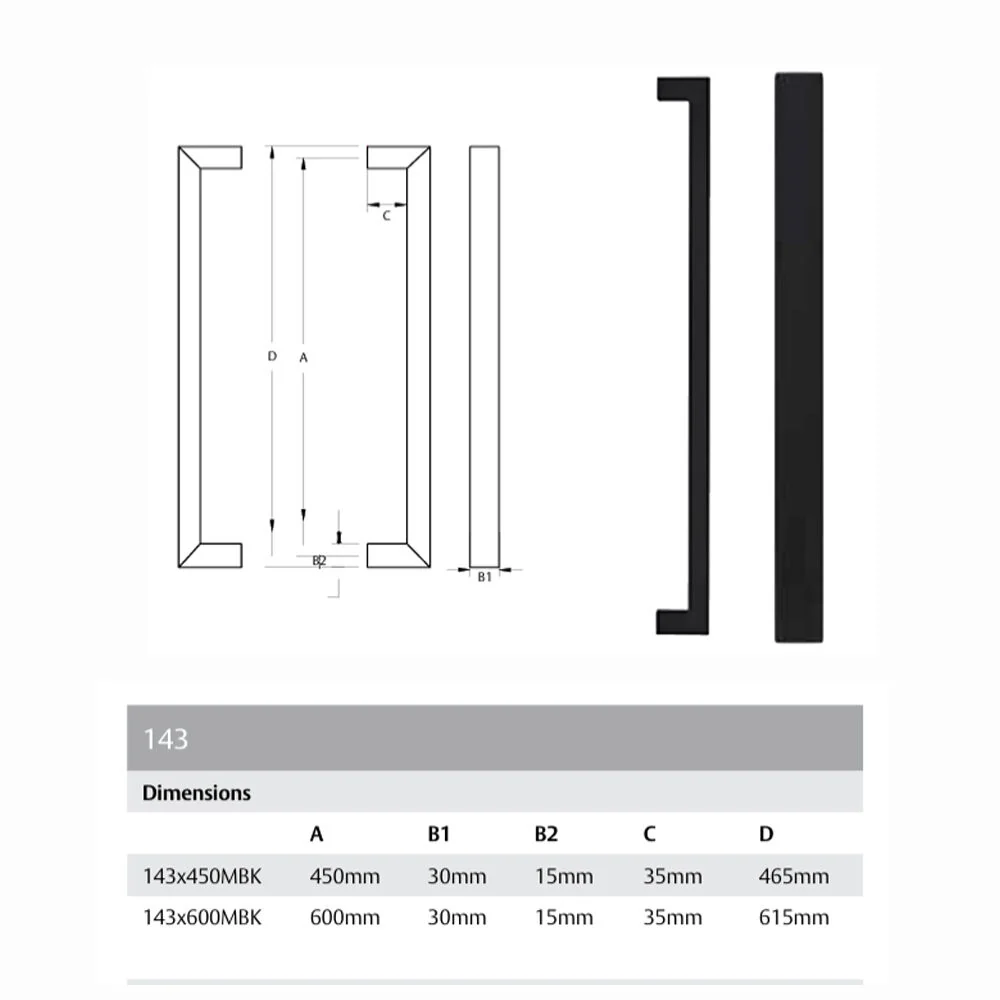 Lockwood Nero 143 Entrance Door Pull Handle Pair Matt Black - Available in 450mm and 600mm - Image 2