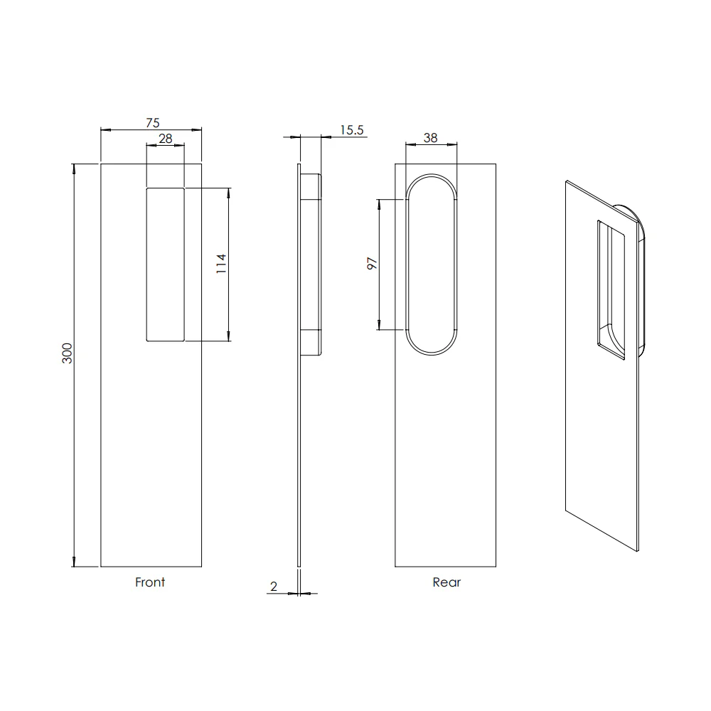 Madinoz FP165 Flushpull Rectangle 300mm x 75mm Polished/Satin Stainless Steel - Image 2