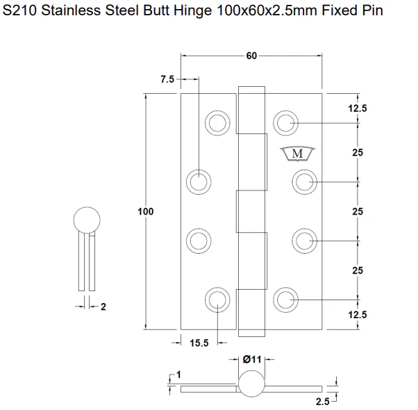 McCallum Stainless Steel Butt Hinge Fixed Pin Stainless Steel 100x60mm S210 - Image 2