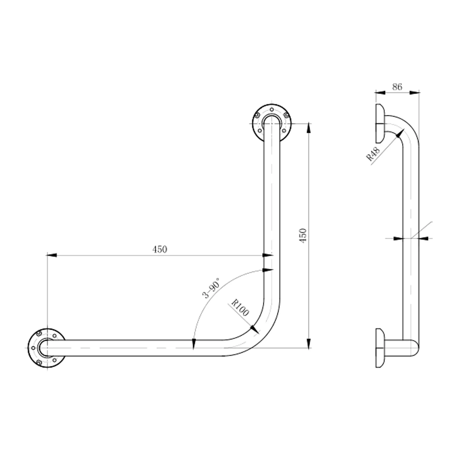 Metlam 90 Degrees Ambulant Grab Rail 450x450mm - Available in Various Finishes - Image 2