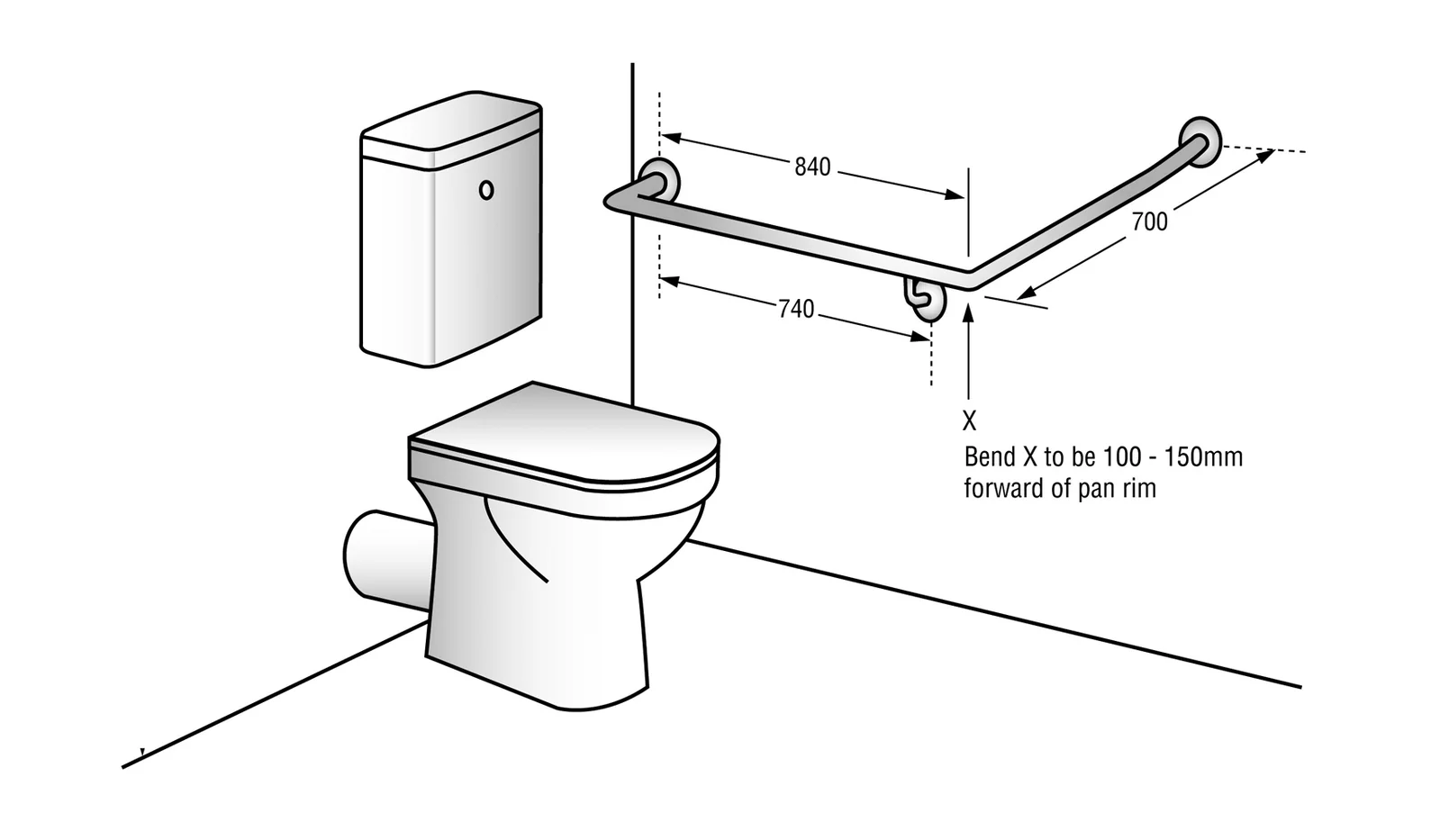 Metlam Grab Rail 30 Degree Side Wall 840x700mm Black - Available in Left and Right Handing - Image 2