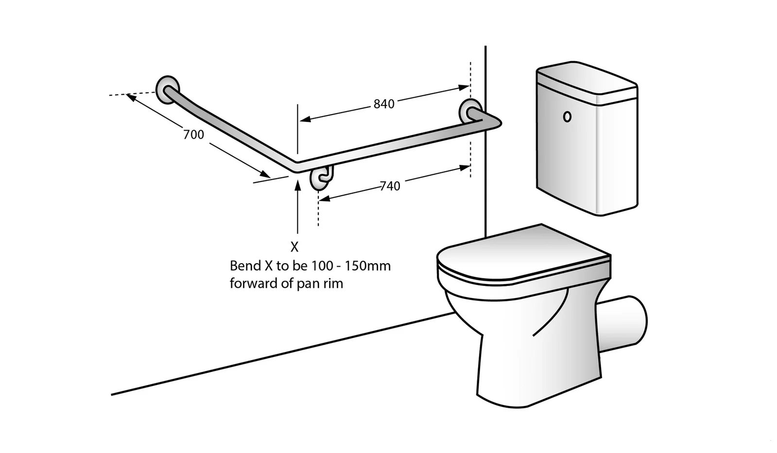 Metlam Grab Rail 30 Degree Side Wall 840x700mm Black - Available in Left and Right Handing - Image 3