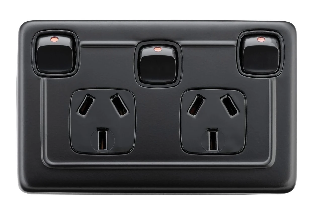 Tradco 5347 Clip-On Double Power Point with Switch Matte Black 115mm