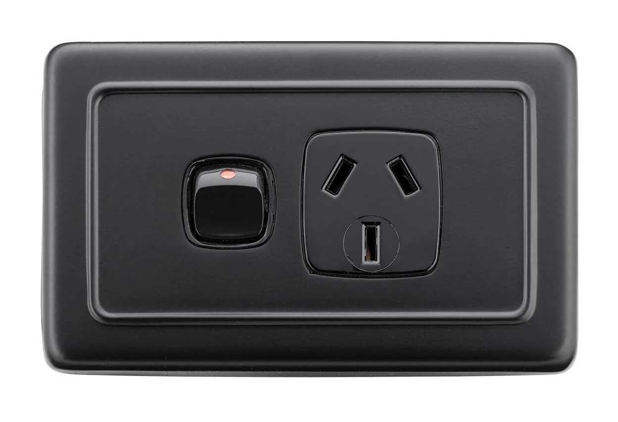 Tradco 5348 Clip-On Single Power Point with Switch Matte Black 115mm